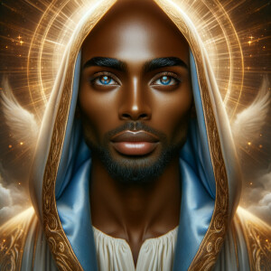 Create a beautiful African-American Jesus Christ with Hazel, brown eyes and blue and gold robe