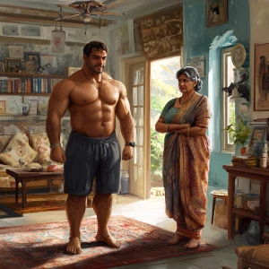 Digital art,a muscular sweaty beefy employ standing and welcomes...