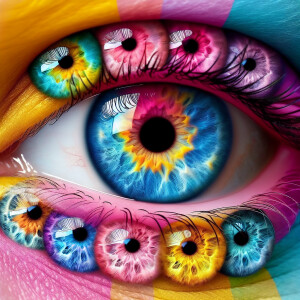 multicolored eyes, prominently featuring shades of blue, pink, a...