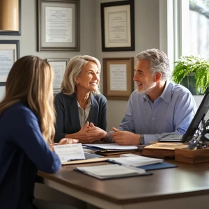 Create a cozy and professional scene where an elderly couple dis...