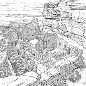 Create an image of Anasazi structures for a coloring book