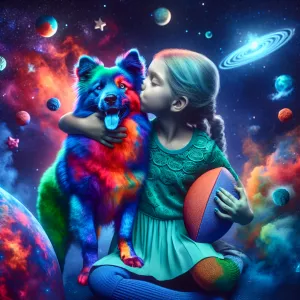 Girl hugging kissing a dog that is blue and red and green in spa...