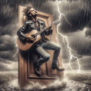 a guy playing "Riders On The Storm" by The Doors while riding on...