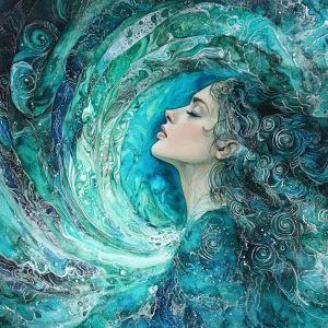 Illustrate in watercolor a woman emanating powerful supernatural...