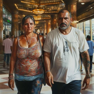Photorealism,.A sweaty beefy man walking with his 54 year old ka...