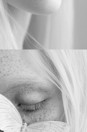 Beautiful albino woman with butterfly face, long hair, pale skin...