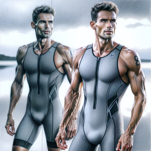Idealized posed fit father and son  Caucasian triathlete male co...