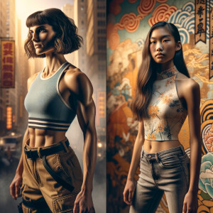 Athletic Thin skinny Attractive, Asian teenage girl, long brown hair and bangs, wearing tight skinny jeans and a halter top paint marks on her clothing, heroic pose Asian graffiti background, backside view