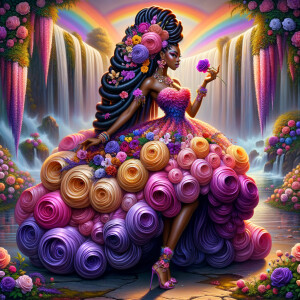 Remix Prompt
S/O Jackie Torres
S/O Panda Locke

create a animated style hyper realistic airbrush whimsical oil painting of a light African American woman wearing a flawless beautiful purple, pink, and gold blossom dress long flowing with colorful flowers and ruffles on the dress colorful jewelry made of flowers she has long black dreadlocks in a bun a colorful rose in her hair her peep toe shoes is matching her dress behind her is a beautiful waterfall liquid glowing lights beautiful colorful rainbow surrounded by beautiful roses.