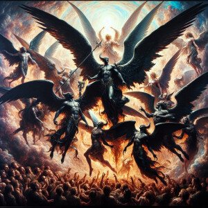 A group of powerful black archangels, with wings outstretched as...