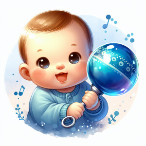 single picture cute baby blue rattle glossy water color vector c...