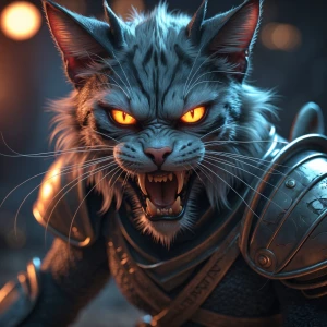 Generate an image of a menacing, demonic cat with glowing eyes,...