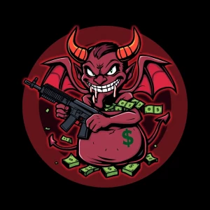 Design a cartoon-style circular logo featuring a cheeky demon we...