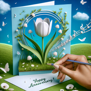 Create a vivid 3D image featuring a card with 'HAPPY ANNIVERSARY...