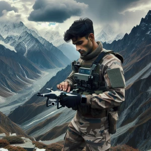 Indian Army soldier in camouflage uniform deploying a mini recon...