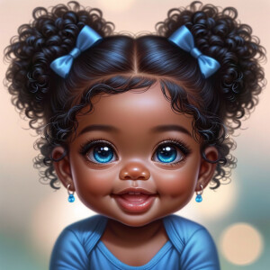 ultra realistic Chibi Style oil painting of Med olive skin  cute African-American American baby girl with deep deep dimples on both checks smiling huge, blue eyes, wearing a blue onesie two curly black pigtails with blue
 ribbons. crystal blue eyes. up-close view bokeh background

S/O Genae Kulah