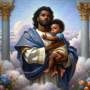 Classical oil painting style depicting an African-American Jesus...