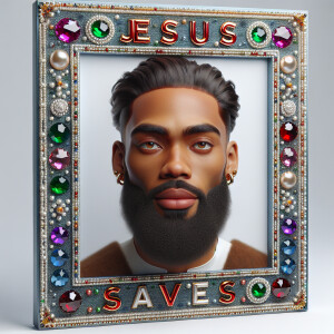 "Create a 3D realistic artwork featuring the phrase 'Jesus Saves...