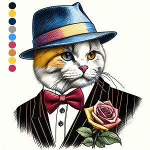 cat in a tuxedo, fedora hat, rose in pocket, art, Color sketch