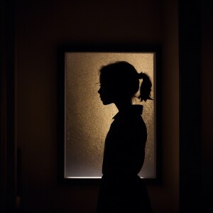 A silhouette of a 9 years old girl standing and looking up. that...
