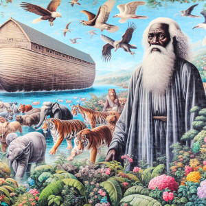 A close-up and detailed wall painting focusing on Noah, depicted...