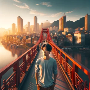 A man standing on the red bridge in city