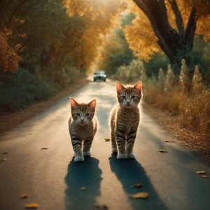 Two girls strolling along a road flanked by trees as a vintage c...