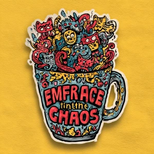hand-drawn coffee cup overflowing with swirling chaotic animals,...
