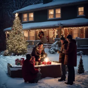 “An outdoor Christmas scene in a snow-covered front yard, with t...