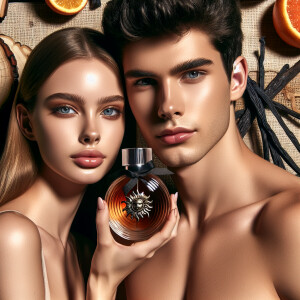 Young woman and man holding up-close of their face a bottle of p...