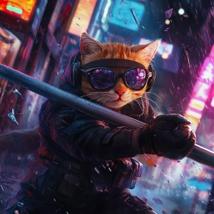 A wide-eyed ginger cat wearing a black tactical balaclava and mi...