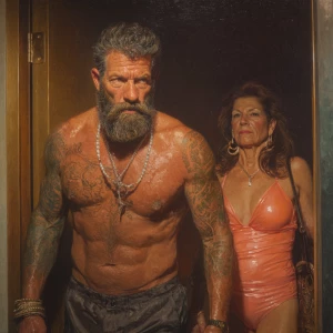 Create a hyperrealistic oil painting of a muscular, bearded, and...