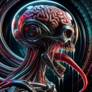 Biomechanical alien creature in side profile with a partially tr...