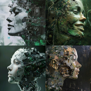Robotic portrait of woman 19 year old. Perfil. Metalic shape and...