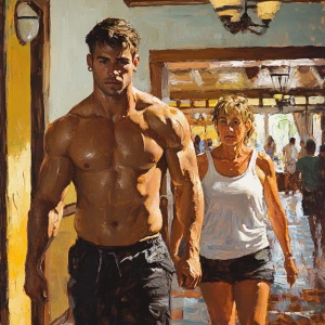 Illustrative,oil painting.A man  muscular beefy sweat walking wi...