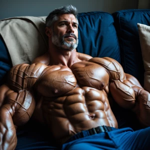 The image shows a muscular bodybuilder man lying on a couch, app...