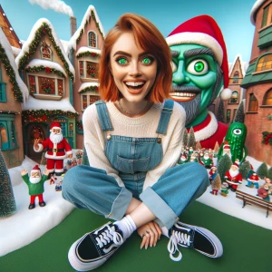 Whimsical Christmas scene A happy woman with shoulder-length, vi...