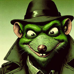An evil cartoonish green  rat with bulging eyes, wearong leather...