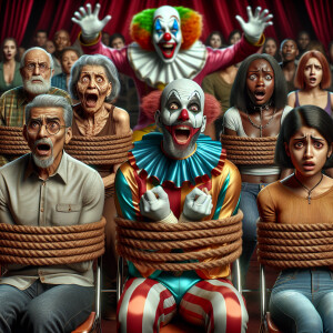 People tied to their chairs in the circus look at the scary clow...
