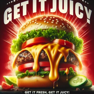 A close-up of a juicy cheeseburger on a bright red background, with the text ‘Get It Fresh, Get It Juicy!’ in bold white letters above it.