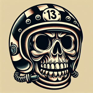 Skull with bulging eyes, wearing an old fashion racing helmet wi...