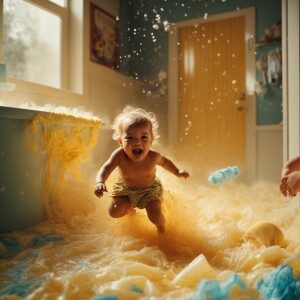 Toddler running around in a disposable nappy screaming refusing...