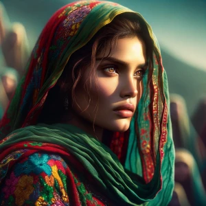 A cinematic image of a beautiful woman wearing colourful Afghan...