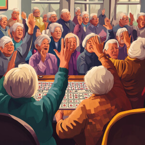 A crowd playing bingo at a senior center with a few hands raised...