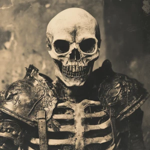 Old grainy photo of a horrific skeleton wearing armor,cursed eye...