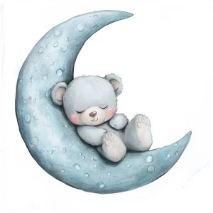 A cute, cartoon teddybear lies on a stylized, soft blue grey crescent moon. The moon shows the crater holes and relief in the surface. The teddy bear is light gray with large, round, pink-spotted ears.  Its body is round and he has expressive eyes.  its facial expression is happy and friendly. The teddy bears posture is relaxed, lying down in the curve of the moon stomach down. his left leg and arm are hanging down. The moon is a soft, shaded blue, with watercolor-like texture and subtle shading. The background is white. The image is in a child-friendly style, showcasing delicate line work and color palettes. The composition is centered on the teddy bear which is positioned lying slumped face down on  the moon, giving the moon a hug with closed eyes. The overall style is sweet, whimsical, and reminiscent of children's book illustrations.  The colors are pastel and soothing, creating a gentle atmosphere.