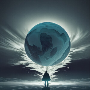 surreal, otherworldly landscape bathed in cool, icy tones. In th...
