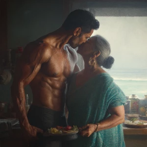 Hyperrealism .a muscular sweaty indian man standing and kissin...