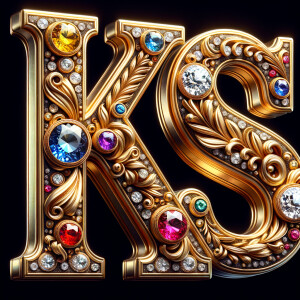 Create a 3-D realistic image with the letters  K.S. in gold raised letters , Add diamonds and colorful jewels