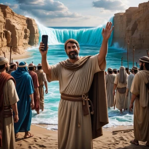Moses stands at the edge of the Red Sea during biblical times, h...